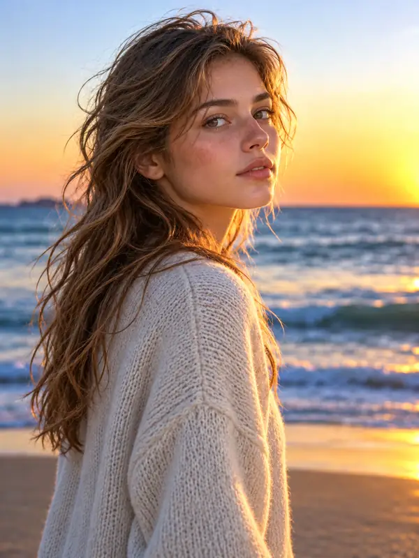A young person beside the sea at sunset in a clear portrait.