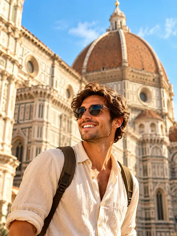 Bright travel portrait near historic architecture.