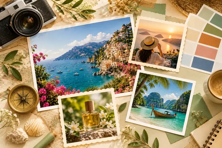 Colorful scenic photographs on a creative desk.