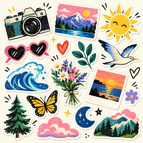 Colorful illustrated stickers presented as an image quality example.