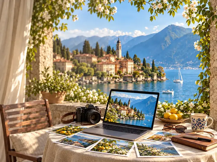 Creative photo editing workspace with colorful photographs.