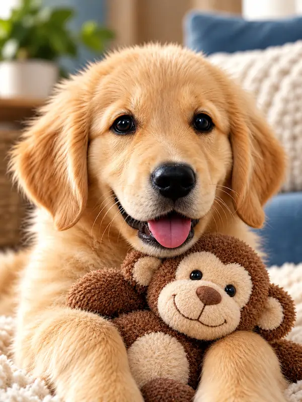Golden puppy with clear fur and a soft toy.