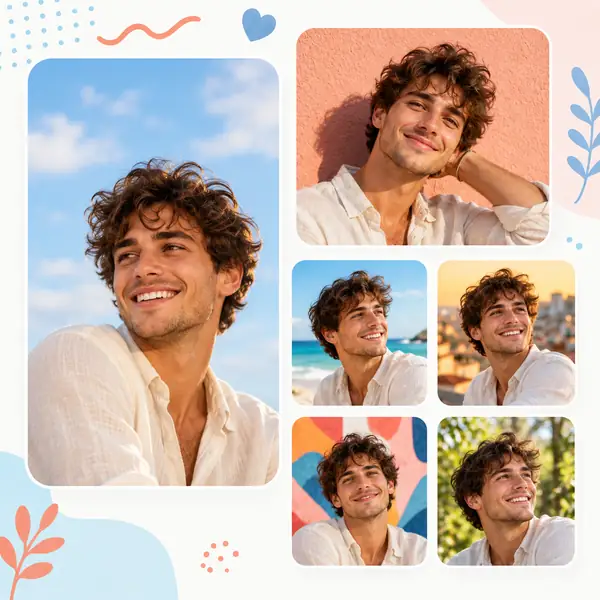 Portrait examples displayed in a colorful image editing collage.
