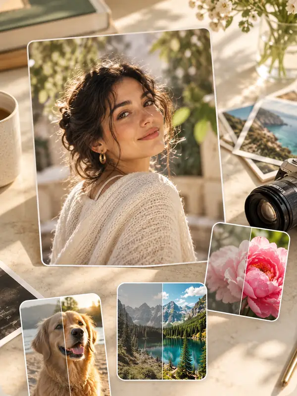 Portrait photograph surrounded by smaller examples of image enhancement.