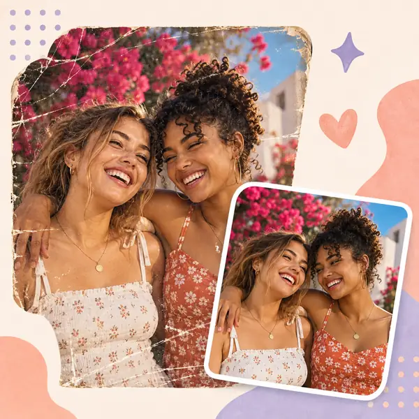 Two friends pictured in a colorful photo restoration layout.